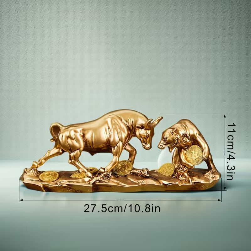Golden Bull and Bear Resin Sculpture, Inspirational "Buy Low, Sell High"