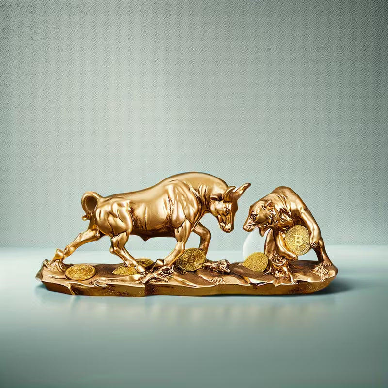 Golden Bull and Bear Resin Sculpture, Inspirational "Buy Low, Sell High"